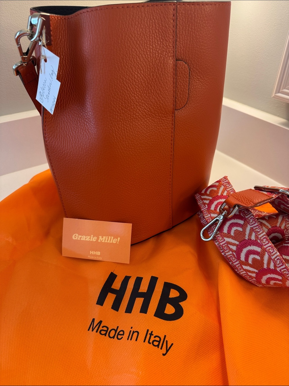 HHB Burnt Orange Pebbled Leather Bucket Shoulder Bag